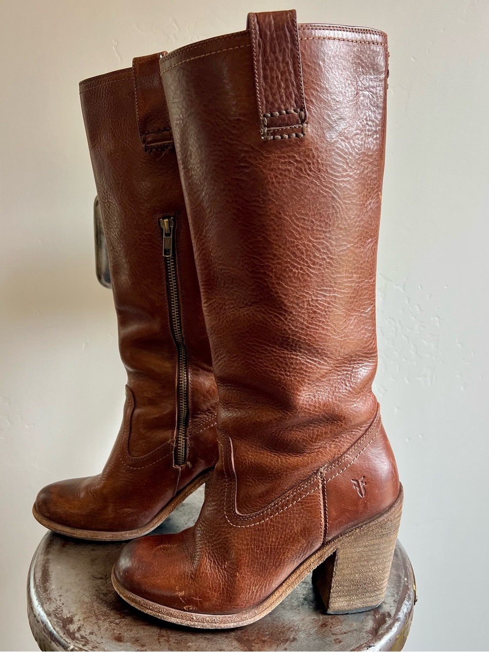 Frye / Leather Mid-Calf Zip Heel Boots / Size 7 - Picture 2 of 13
